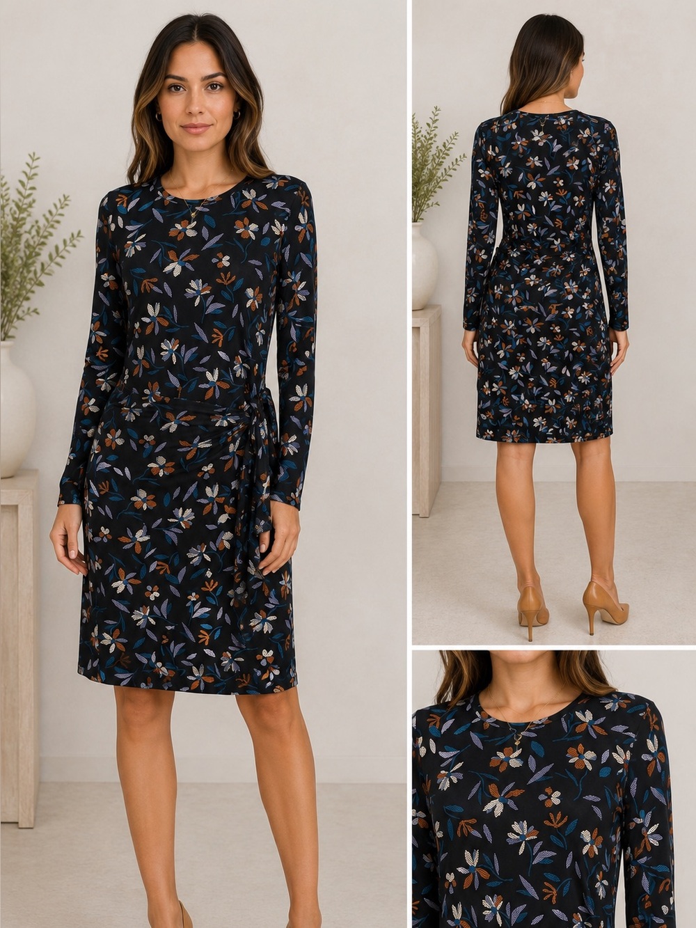 Hatley NWT Wrap Dress Black Floral Long Sleeve Tie Waist Jersey Size L Canada
